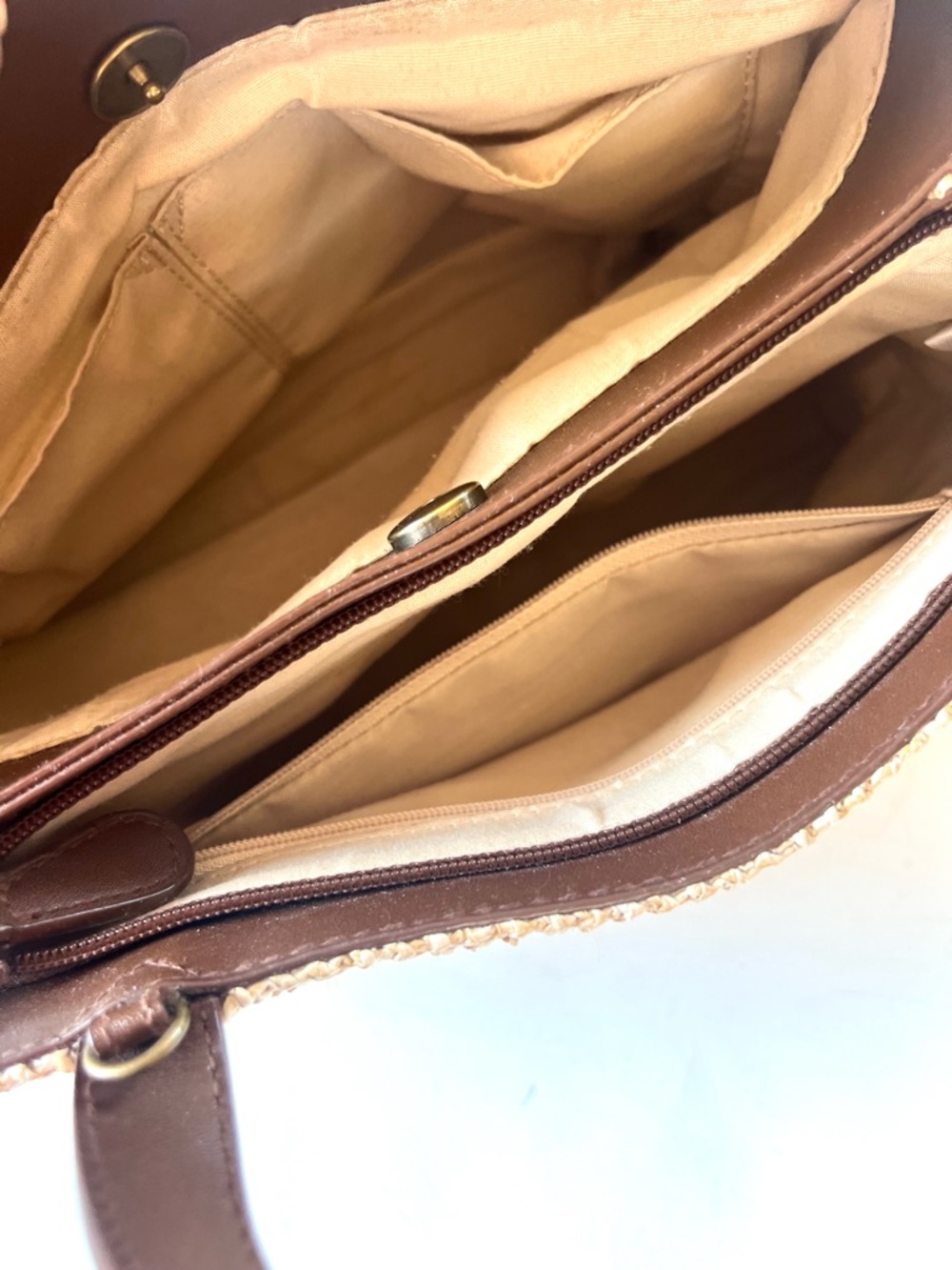 Relativity Woven Straw Tote Bag with Brown Leather Handles Beachy Coastal - Picture 10 of 11